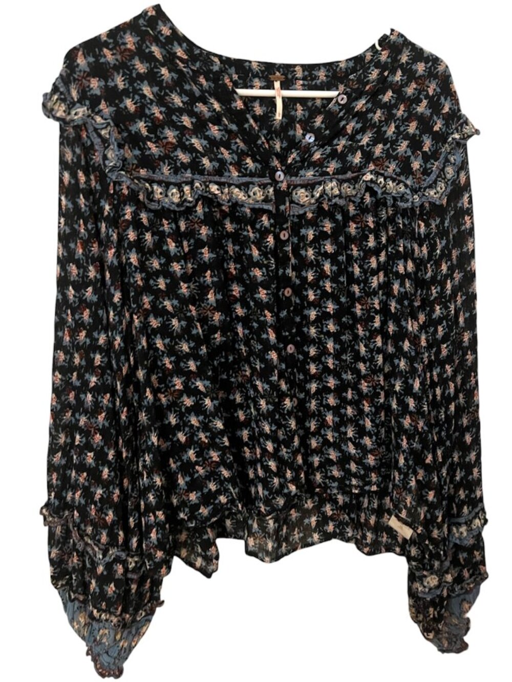 Free People Black Floral Ruffled Long Sleeve Peasant Top